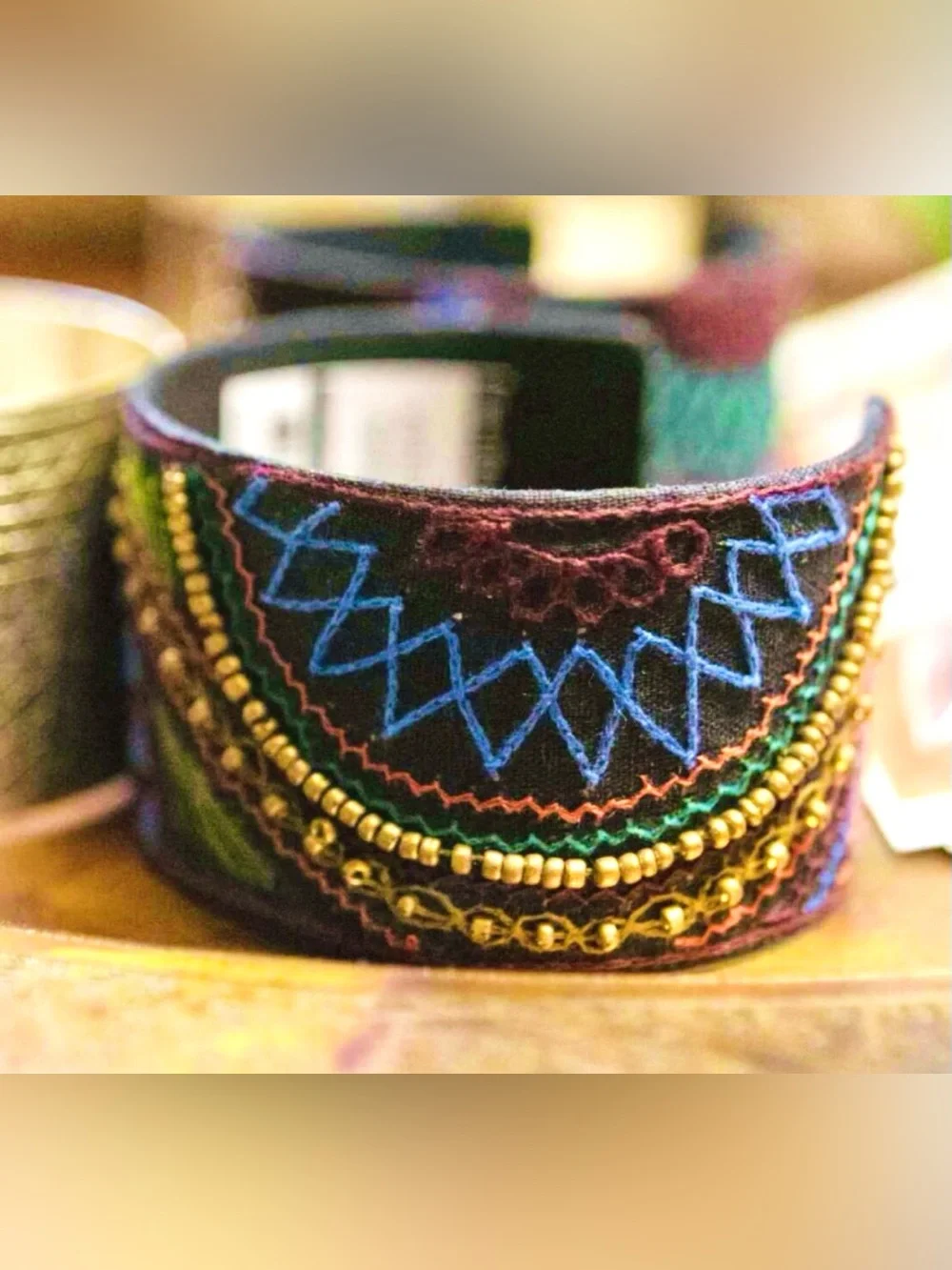 Vintage Boho Hand Embroidered Cuff Bracelet Multi Color Textile Artisan Beadwork